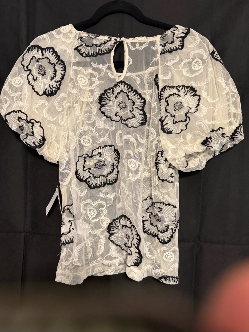 Laundry By Shelli Segal White Sheer Blouse with Black Floral Embroidery